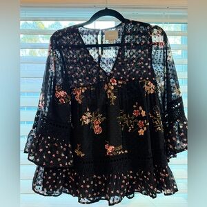 Anthropologie Maeve Black Top with Pink Floral Design size XS